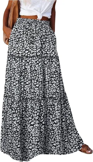 Boho Floral Skirt for Women High Waist A Line Flowy Tiered Skirts Summer Pleated Ruffle Long Maxi Skirt with Pockets