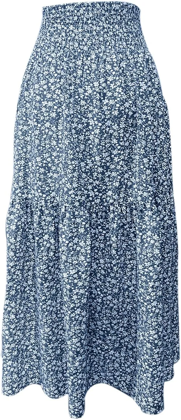 Boho Floral Summer Maxi Skirt Women Elastic High Waist Tiered Pleated Flowy Long Casual Beach Skirt