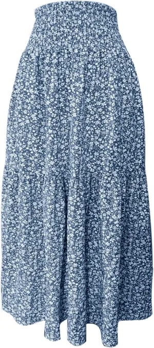 Boho Floral Summer Maxi Skirt Women Elastic High Waist Tiered Pleated Flowy Long Casual Beach Skirt