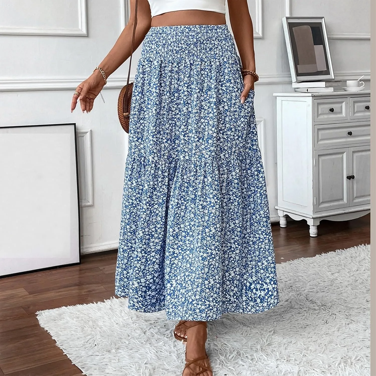 Boho Floral Summer Maxi Skirt Women Elastic High Waist Tiered Pleated Flowy Long Casual Beach Skirt