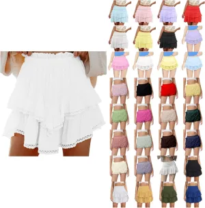 Boho Flowy Shorts for Women Ruffle Tiered Lace Skorts Mini Skirts High Waisted Teen Girls Tennis Skort Summer Short