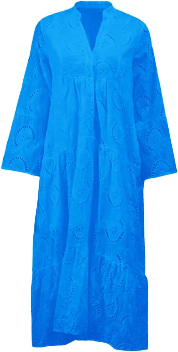 Boho Maxi Dress for Women Eyelet Dresses Elegant Lace Hollow Dress Summer V Neck Bell Sleeve Ruffle Flowy Long Dresses