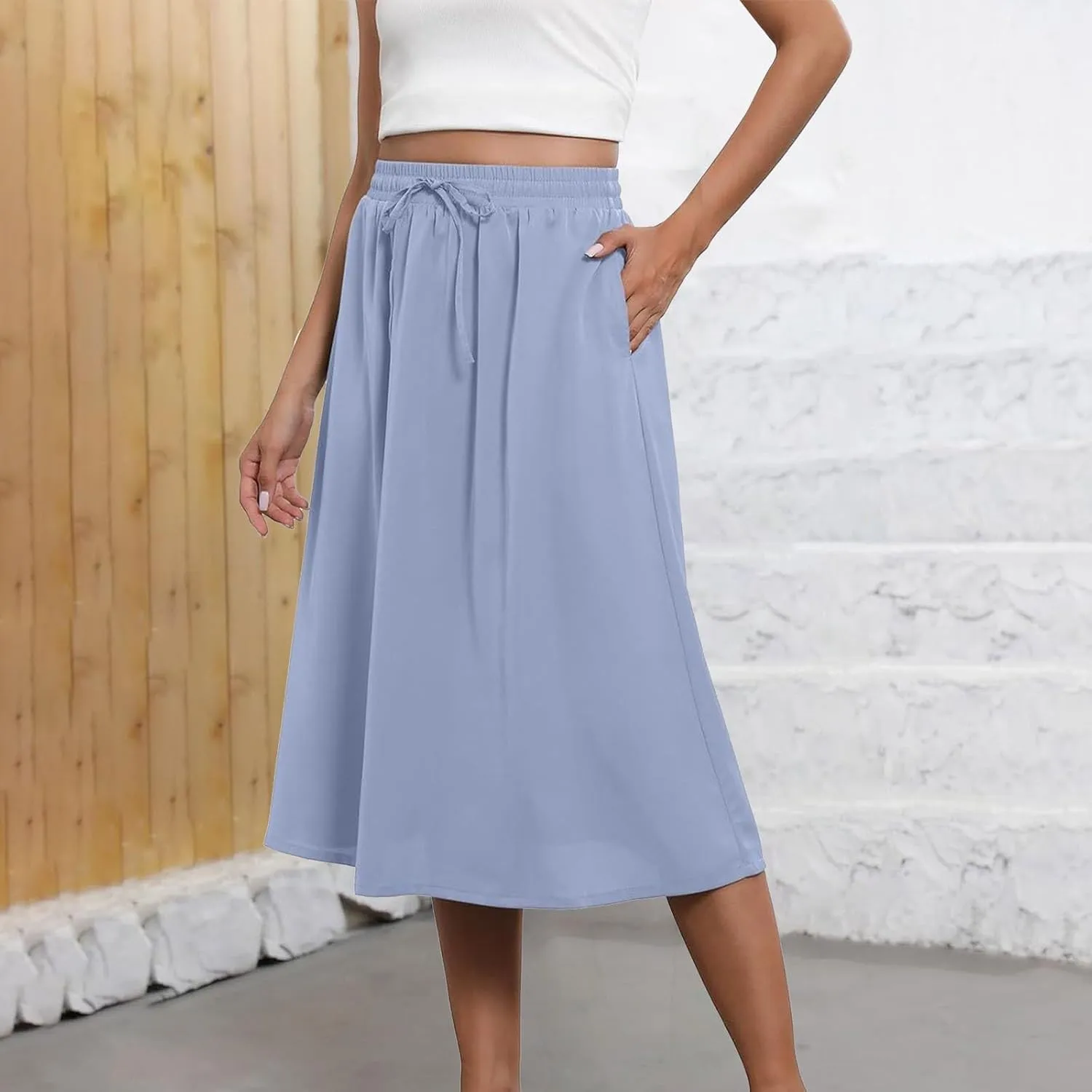 Boho Skirts for Women Lightweight Drawstring High Waisted Trendy Summer Flowy Floral Midi Skirts with Pockets