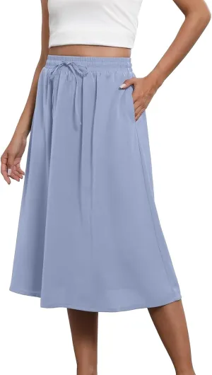 Boho Skirts for Women Lightweight Drawstring High Waisted Trendy Summer Flowy Floral Midi Skirts with Pockets