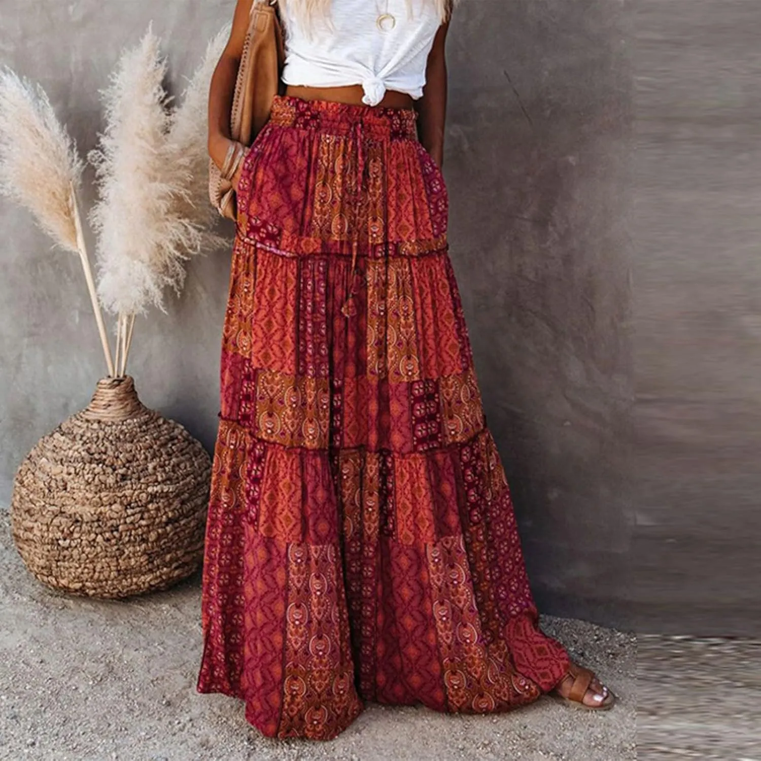 Boho Womens Tiered High Waist Tie Paisley Floral Print Long Maxi Skirt with Pockets