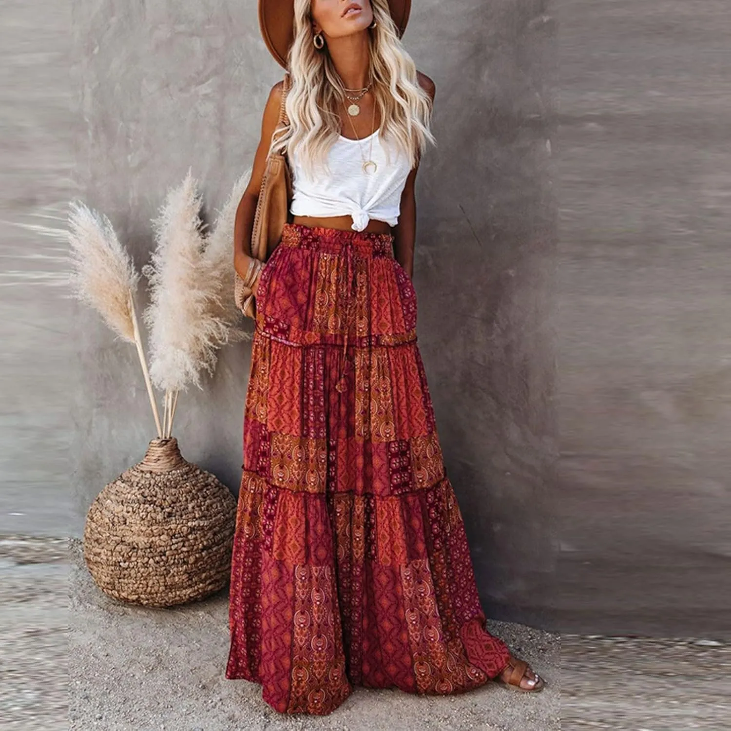 Boho Womens Tiered High Waist Tie Paisley Floral Print Long Maxi Skirt with Pockets