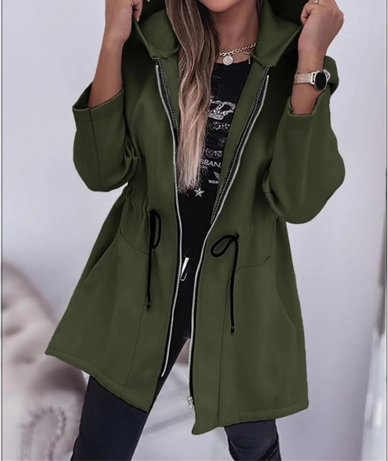 Canbebig Long Jackets for Women Fleece Zip Up Jackets Oversized Hooded Jackets Casual Drawstring Waist Sweatshirt with Pocket