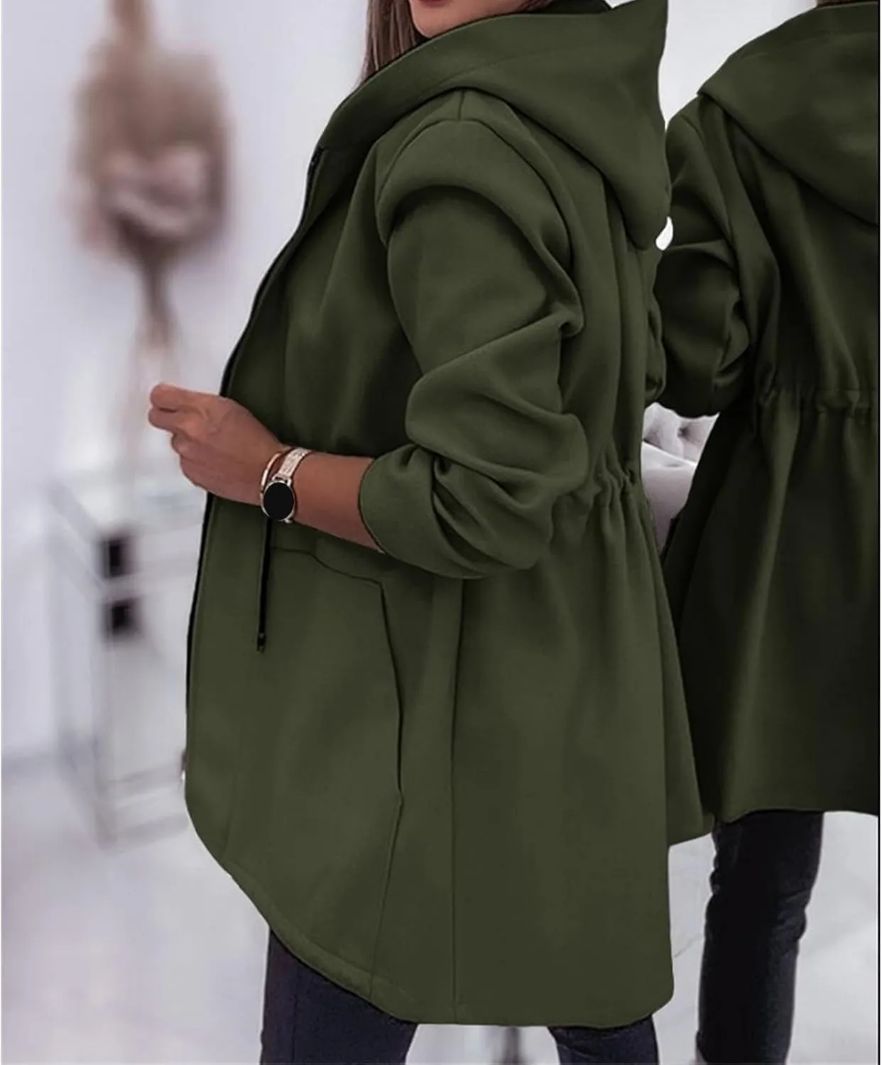Canbebig Long Jackets for Women Fleece Zip Up Jackets Oversized Hooded Jackets Casual Drawstring Waist Sweatshirt with Pocket