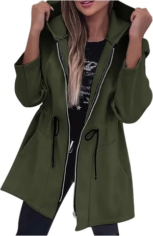 Canbebig Long Jackets for Women Fleece Zip Up Jackets Oversized Hooded Jackets Casual Drawstring Waist Sweatshirt with Pocket