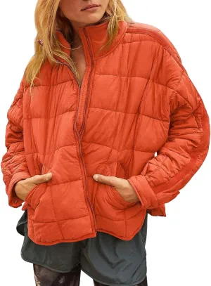 Canbebig Womens Quilted Puffer Jackets Oversized Lightweight Zipper Down Coats Long Sleeve Packable Jackets with Pockets