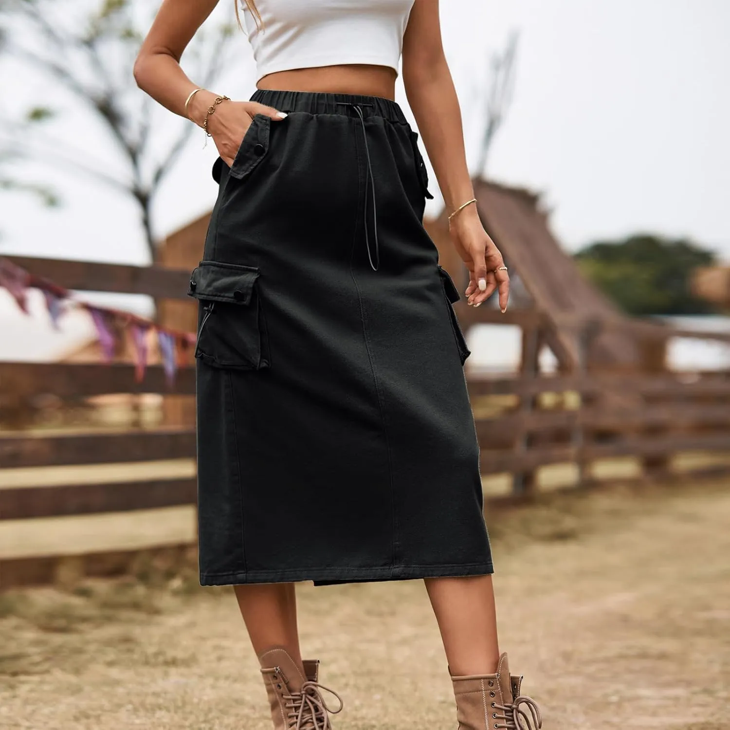 Cargo Skirts for Women Solid High Waist Drawstring Skort with Flap Pockets Casual Comfy Adjustable Knee Length Skirt