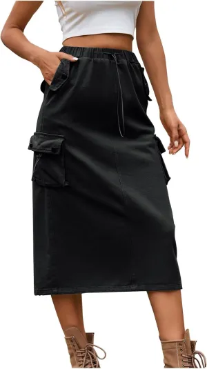 Cargo Skirts for Women Solid High Waist Drawstring Skort with Flap Pockets Casual Comfy Adjustable Knee Length Skirt