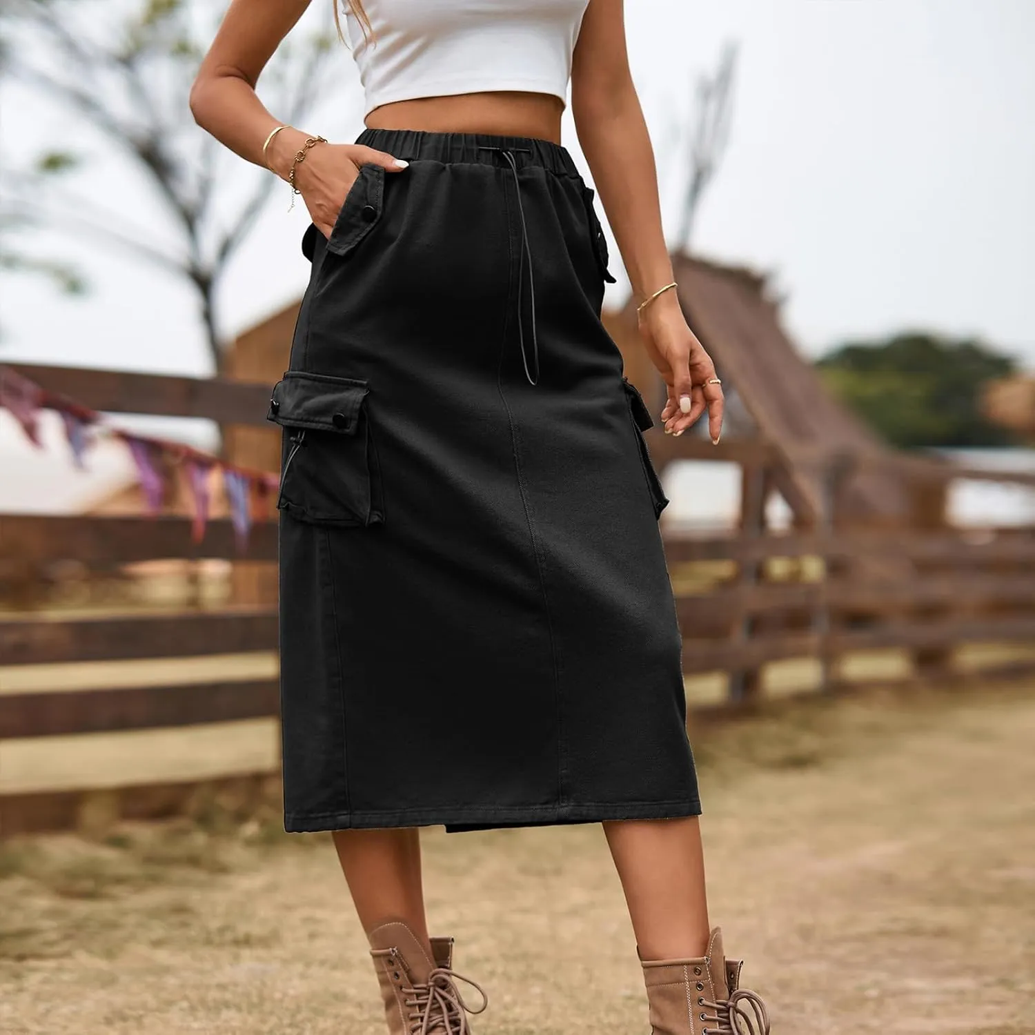 Cargo Skirts for Women Solid High Waist Drawstring Skort with Flap Pockets Casual Comfy Adjustable Knee Length Skirt