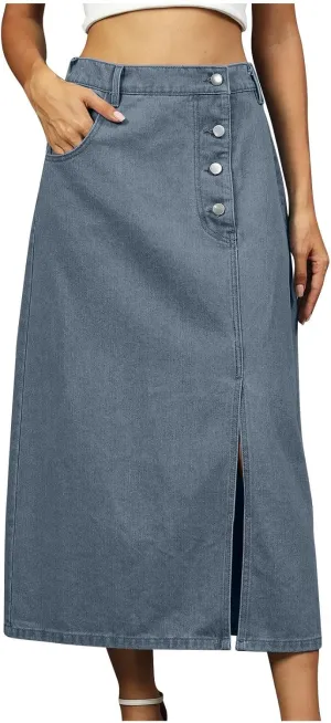 Casual Button Split Skirt for Women Fashion Vintage Elastic High Waist A-Line Skirts Summer Beach Vacation Skort