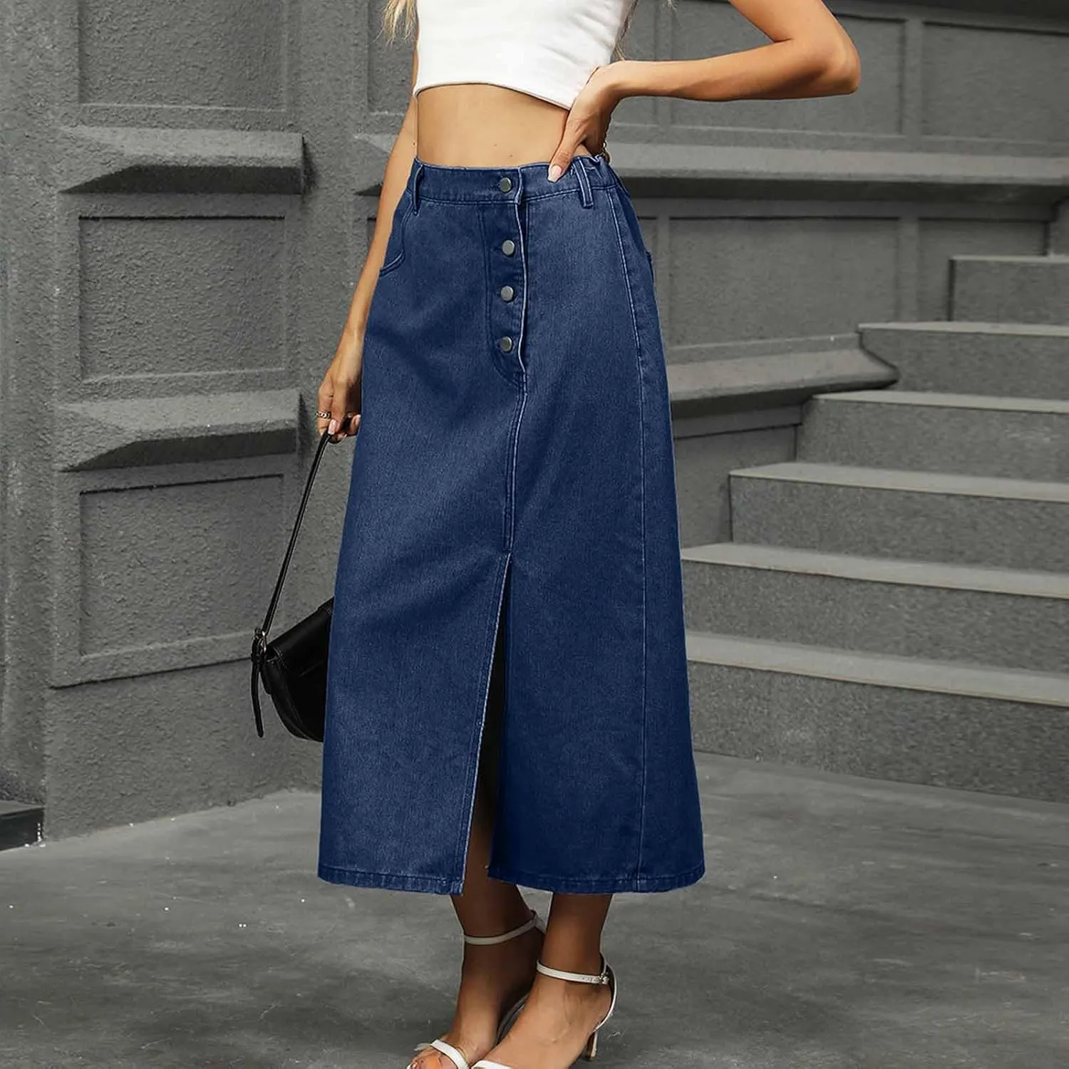 Casual Button Split Skirt for Women Fashion Vintage Elastic High Waist A-Line Skirts Summer Beach Vacation Skort