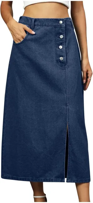 Casual Button Split Skirt for Women Fashion Vintage Elastic High Waist A-Line Skirts Summer Beach Vacation Skort