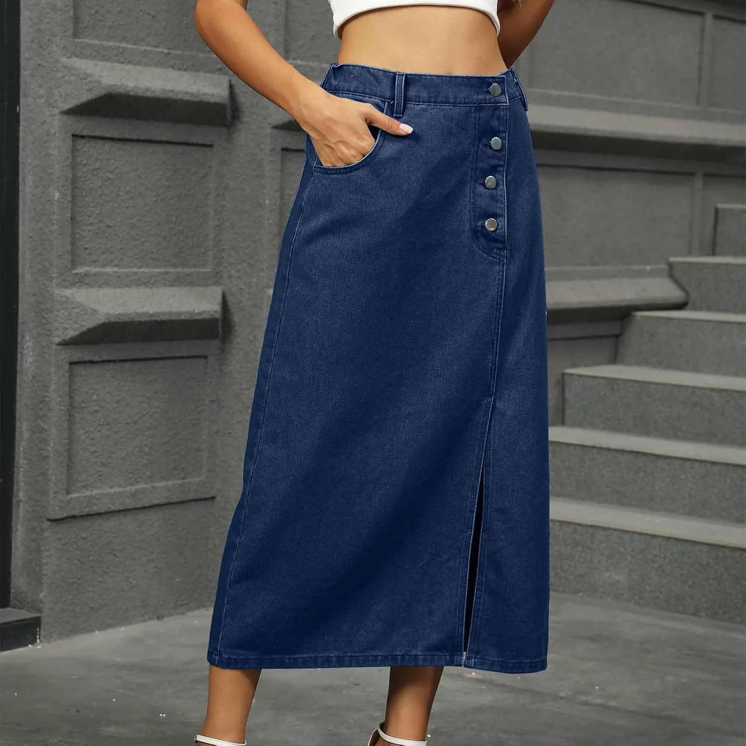 Casual Button Split Skirt for Women Fashion Vintage Elastic High Waist A-Line Skirts Summer Beach Vacation Skort