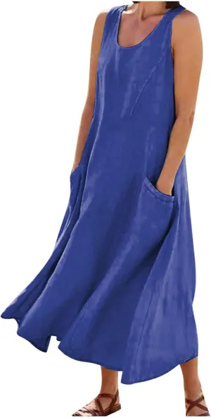 Casual Linen Dress Women Sleeveless Long Flowy Sundress A Line Boho Summer Dress for Beach Vacation Maxi Cruise Dress