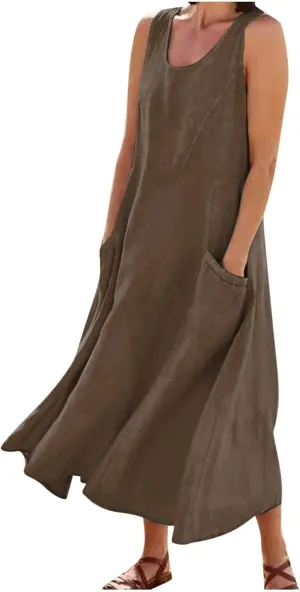 Casual Linen Dress Women Sleeveless Long Flowy Sundress A Line Boho Summer Dress for Beach Vacation Maxi Cruise Dress