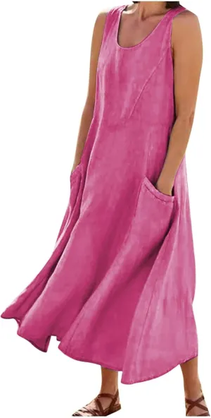 Casual Linen Dress Women Sleeveless Long Flowy Sundress A Line Boho Summer Dress for Beach Vacation Maxi Cruise Dress