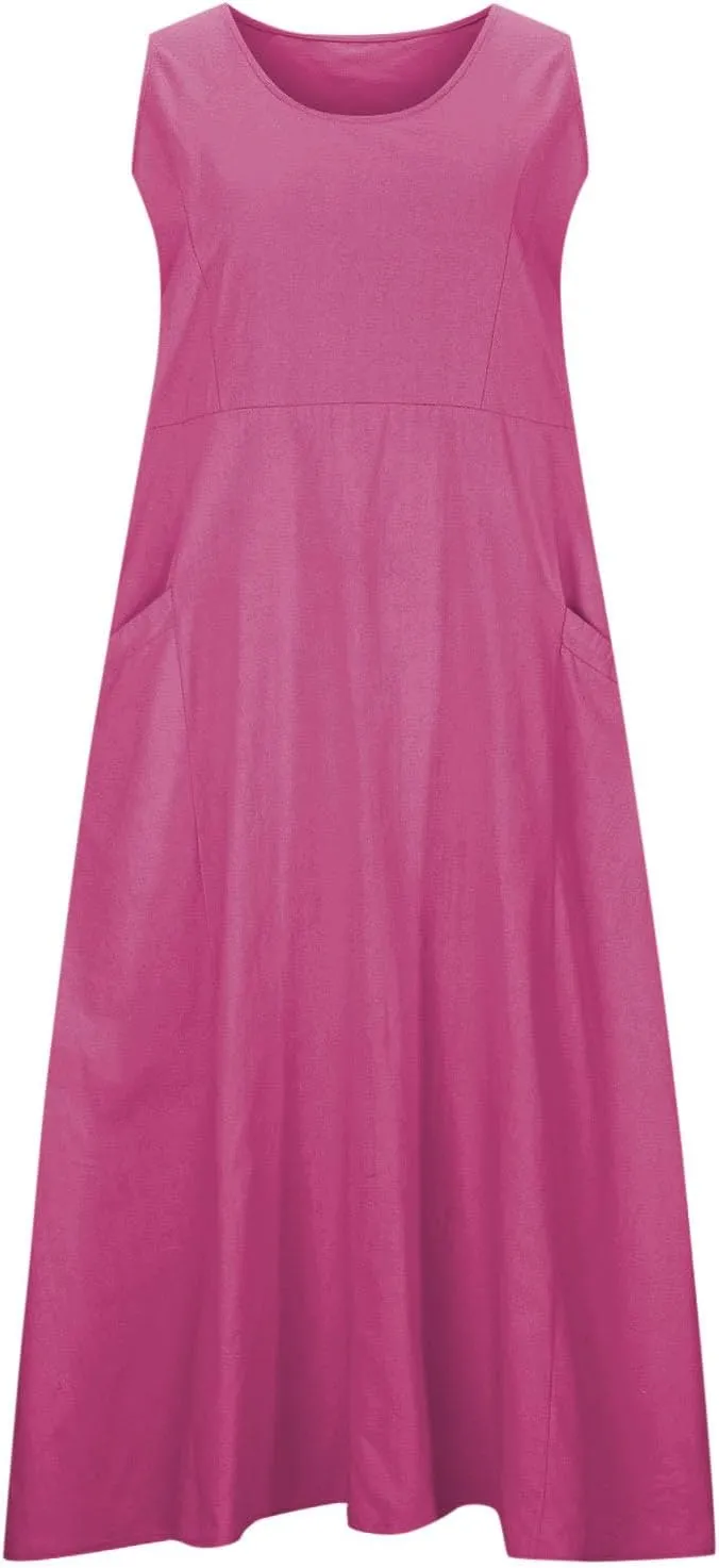 Casual Linen Dress Women Sleeveless Long Flowy Sundress A Line Boho Summer Dress for Beach Vacation Maxi Cruise Dress