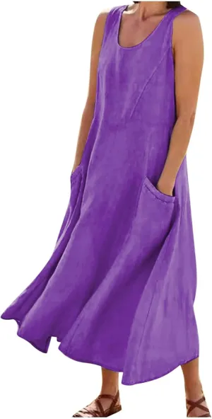 Casual Linen Dress Women Sleeveless Long Flowy Sundress A Line Boho Summer Dress for Beach Vacation Maxi Cruise Dress