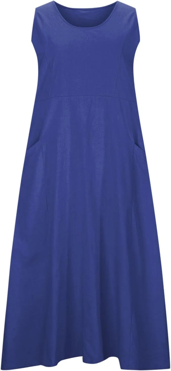 Casual Linen Dress Women Sleeveless Long Flowy Sundress A Line Boho Summer Dress for Beach Vacation Maxi Cruise Dress