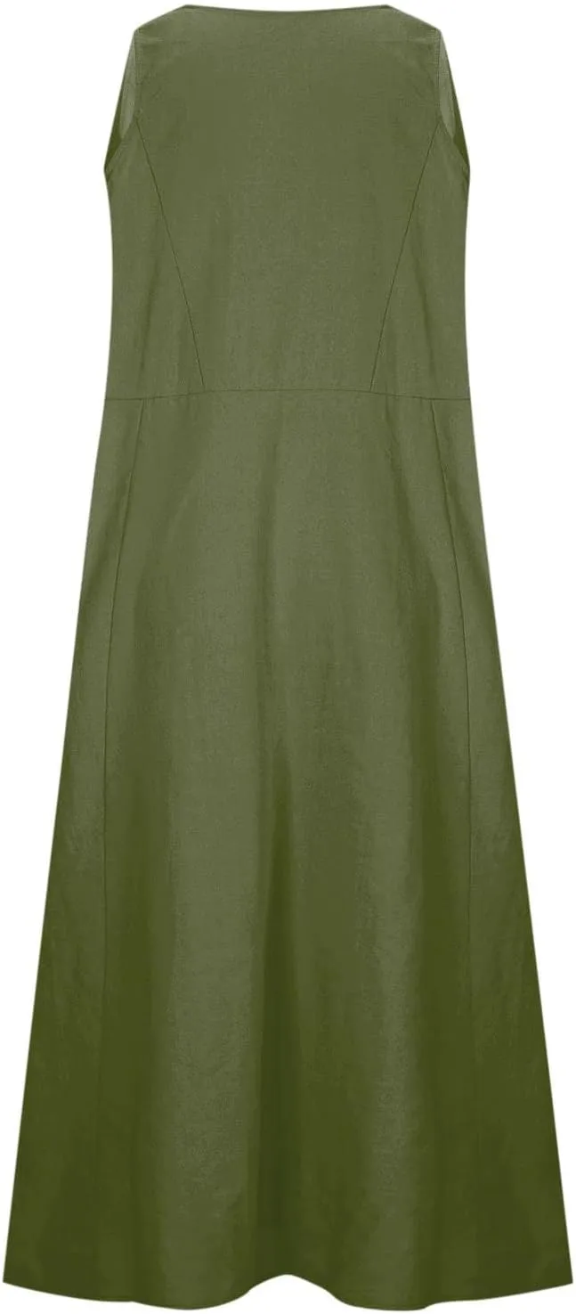 Casual Linen Dress Women Sleeveless Long Flowy Sundress A Line Boho Summer Dress for Beach Vacation Maxi Cruise Dress