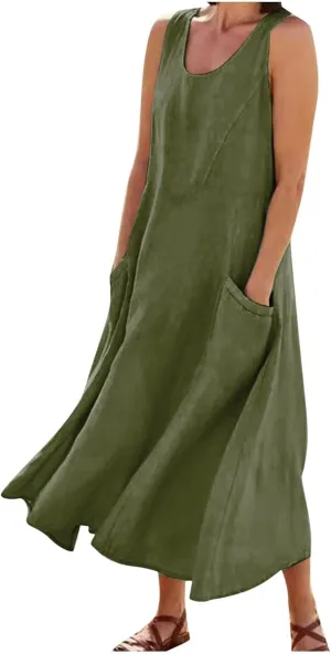 Casual Linen Dress Women Sleeveless Long Flowy Sundress A Line Boho Summer Dress for Beach Vacation Maxi Cruise Dress