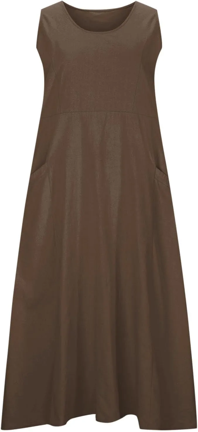 Casual Linen Dress Women Sleeveless Long Flowy Sundress A Line Boho Summer Dress for Beach Vacation Maxi Cruise Dress