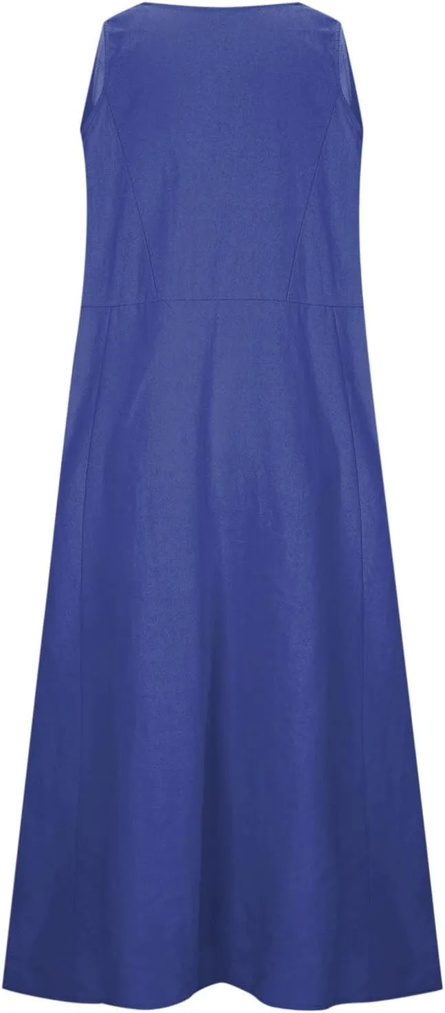 Casual Linen Dress Women Sleeveless Long Flowy Sundress A Line Boho Summer Dress for Beach Vacation Maxi Cruise Dress