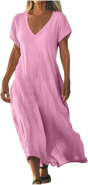 Casual Summer Dresses for Women 2025 V Neck Short Sleeve Solid Cotton Linen Dress