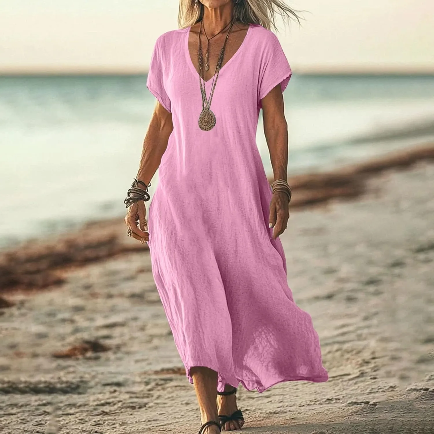 Casual Summer Dresses for Women 2025 V Neck Short Sleeve Solid Cotton Linen Dress