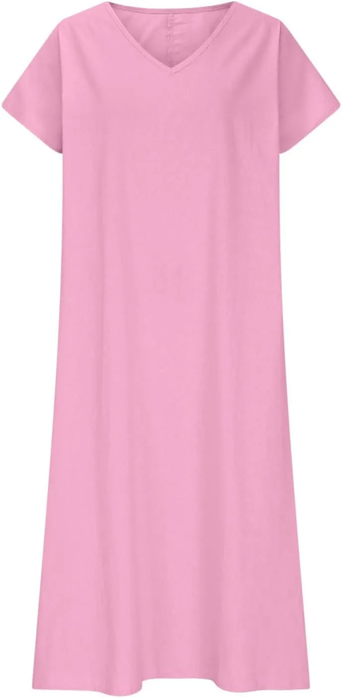 Casual Summer Dresses for Women 2025 V Neck Short Sleeve Solid Cotton Linen Dress