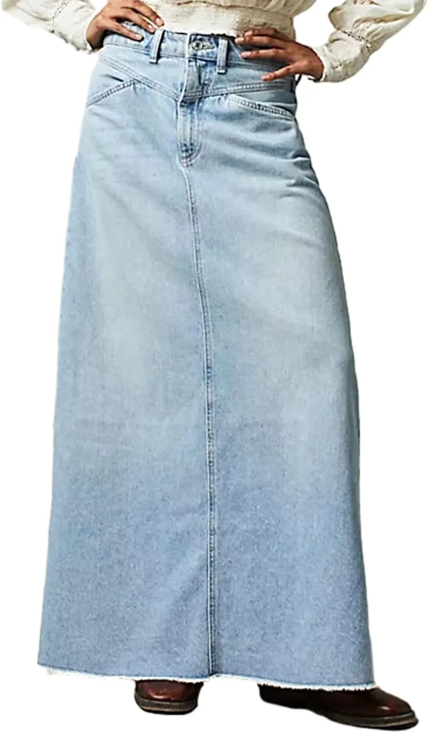 CHARTOU Women Maxi Long Jean Skirt Cargo Frayed Split Up A Line Denim Skirt Straight Streetwear