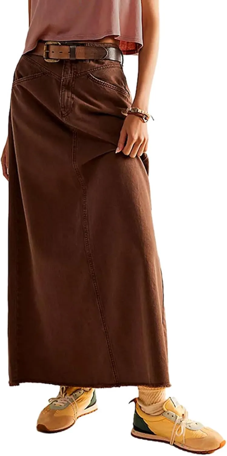 CHARTOU Women Maxi Long Jean Skirt Cargo Frayed Split Up A Line Denim Skirt Straight Streetwear