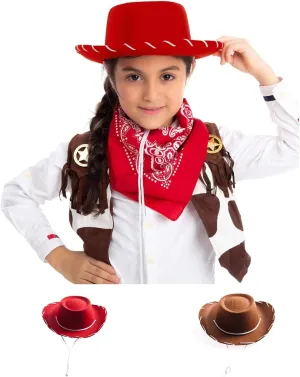 Childrens Classic Vintage Western Felt Cowboy Hat Kids Adjustable Drawstring Caps Outdoor Riding Wide Brim Sun Hats