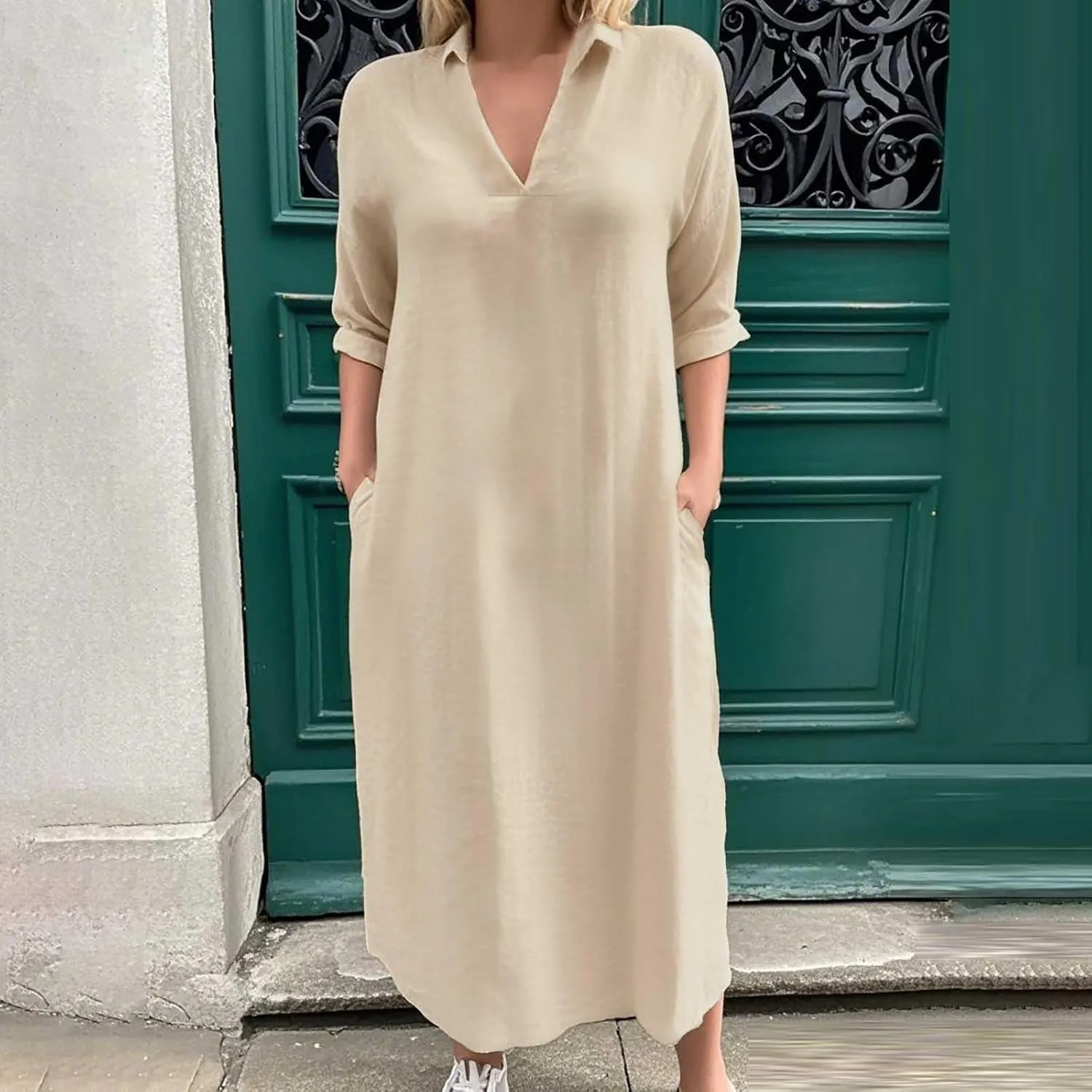 Collared Dress for Women Summer Casual Maxi Dresses Long Sleeve V Neck Shift Loose Dresses with Pockets