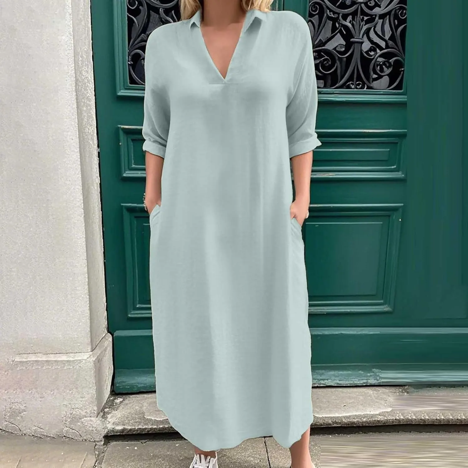 Collared Dress for Women Summer Casual Maxi Dresses Long Sleeve V Neck Shift Loose Dresses with Pockets