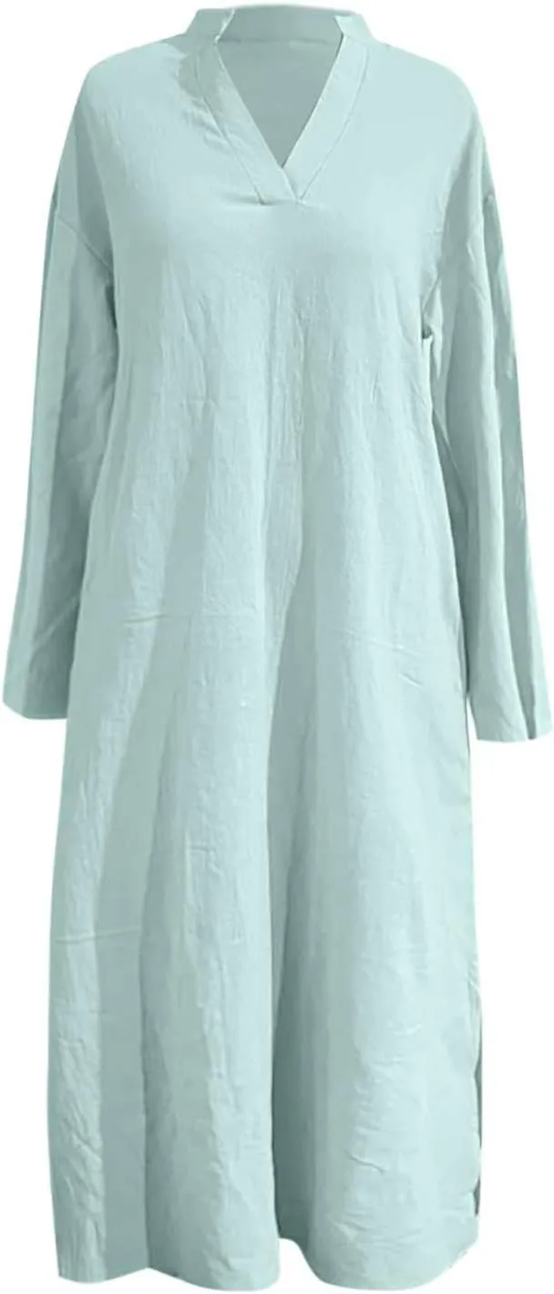 Collared Dress for Women Summer Casual Maxi Dresses Long Sleeve V Neck Shift Loose Dresses with Pockets