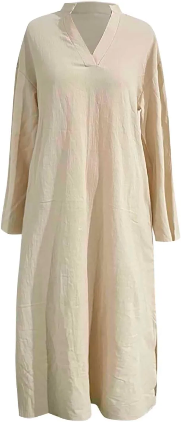 Collared Dress for Women Summer Casual Maxi Dresses Long Sleeve V Neck Shift Loose Dresses with Pockets