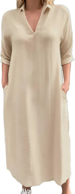 Collared Dress for Women Summer Casual Maxi Dresses Long Sleeve V Neck Shift Loose Dresses with Pockets