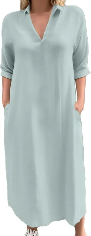 Collared Dress for Women Summer Casual Maxi Dresses Long Sleeve V Neck Shift Loose Dresses with Pockets