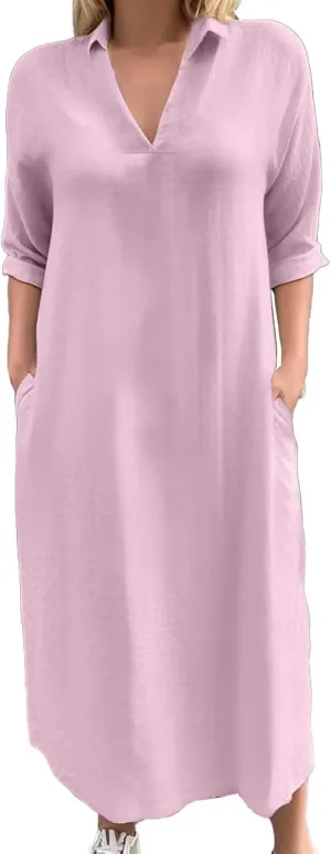 Collared Dress for Women Summer Casual Maxi Dresses Long Sleeve V Neck Shift Loose Dresses with Pockets