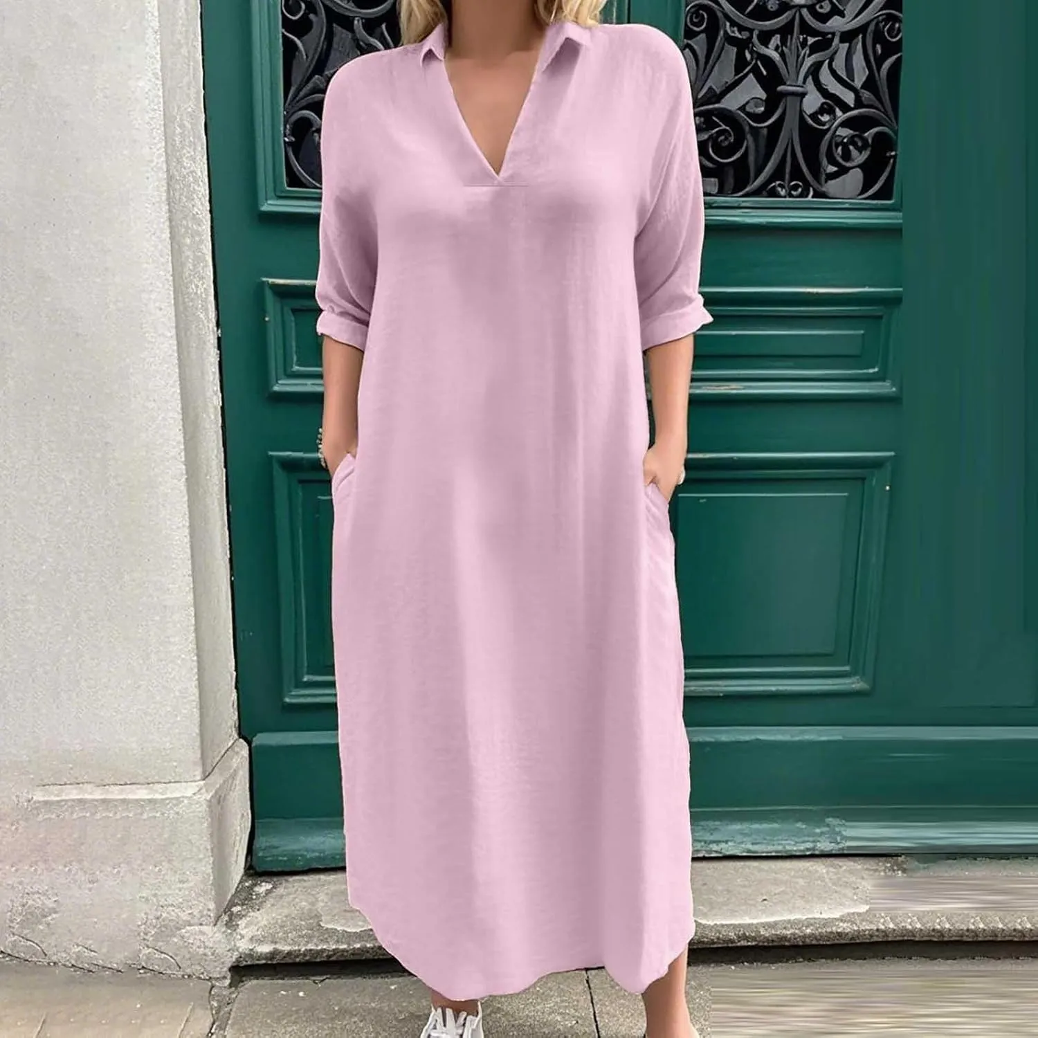 Collared Dress for Women Summer Casual Maxi Dresses Long Sleeve V Neck Shift Loose Dresses with Pockets