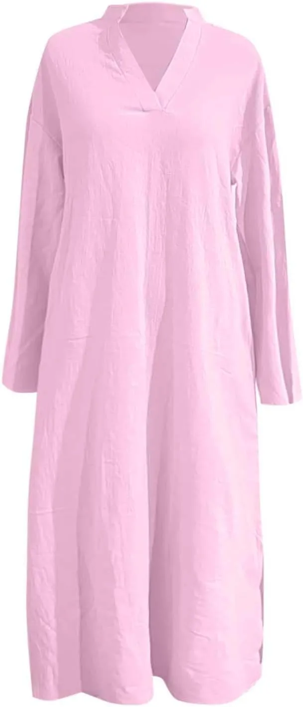 Collared Dress for Women Summer Casual Maxi Dresses Long Sleeve V Neck Shift Loose Dresses with Pockets