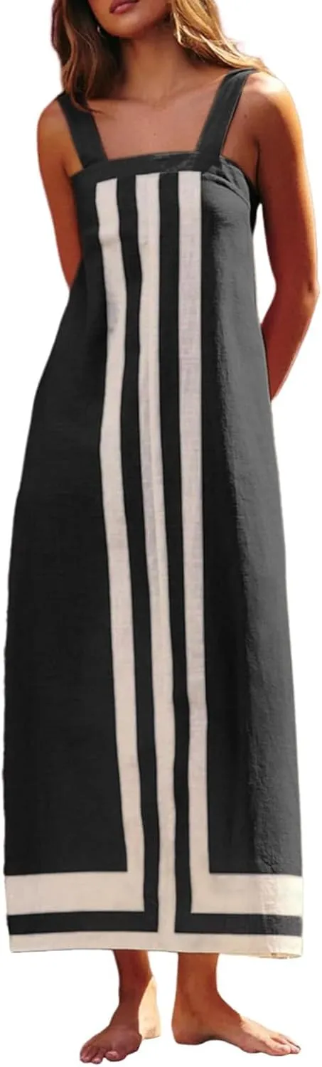 Color Block Dress for Women Summer Maxi Sleeveless Boho Floral Sundress Flowy Zipper Shoulder Strap Beach Overall Dress