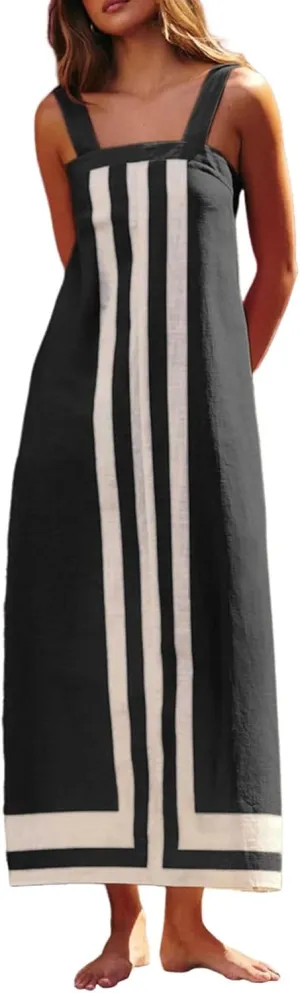 Color Block Dress for Women Summer Maxi Sleeveless Boho Floral Sundress Flowy Zipper Shoulder Strap Beach Overall Dress