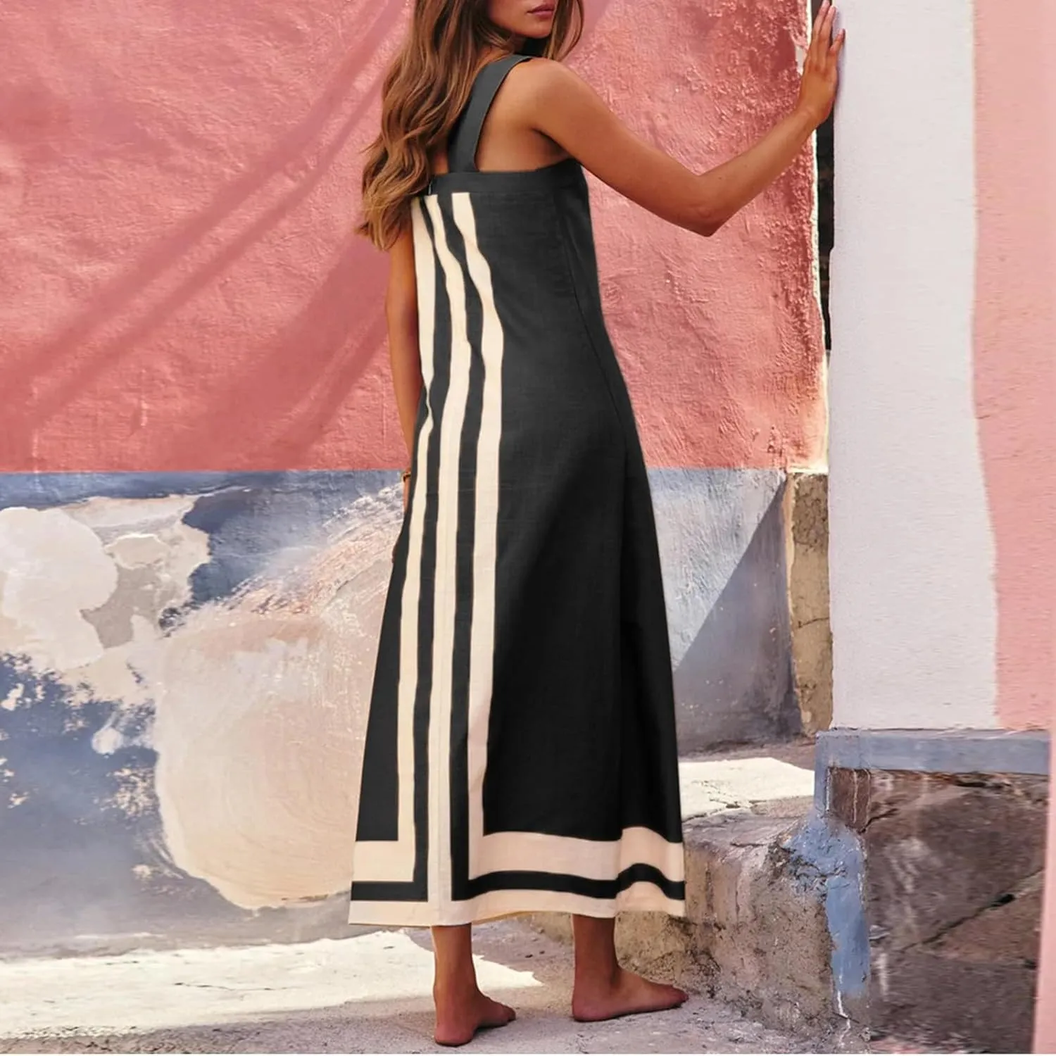 Color Block Dress for Women Summer Maxi Sleeveless Boho Floral Sundress Flowy Zipper Shoulder Strap Beach Overall Dress