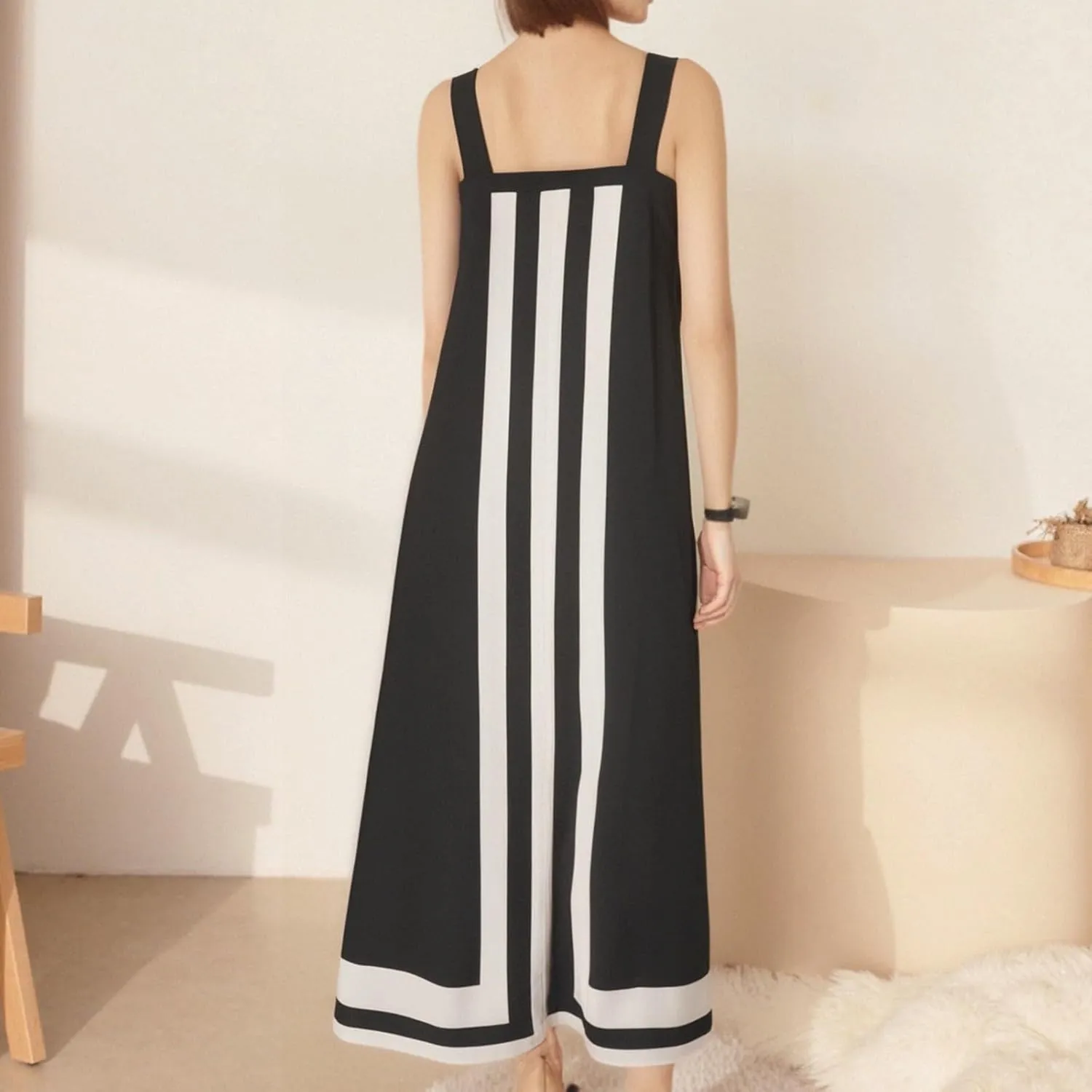 Color Block Dress for Women Summer Maxi Sleeveless Boho Floral Sundress Flowy Zipper Shoulder Strap Beach Overall Dress
